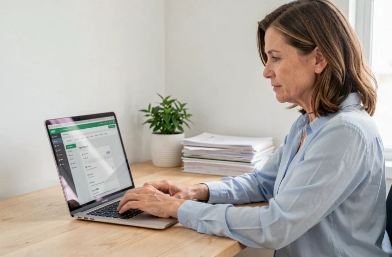 Femme consultant le plan du site d'une mutuelle santé sur un ordinateur portable dans un bureau à domicile