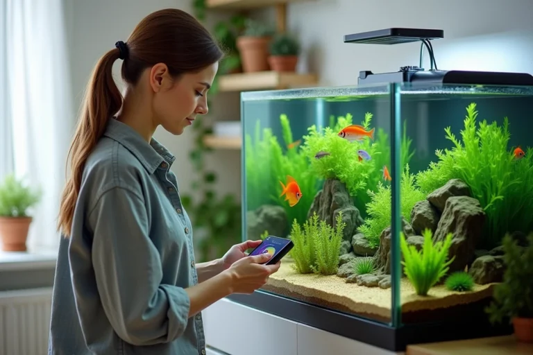 Une femme ajuste un contrôleur numérique intelligent sur un aquarium d'eau douce planté dans un salon moderne