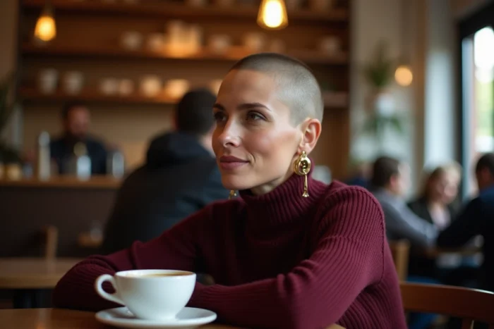 Femme avec crâne rasé et boucles d'oreilles dorées dans un café parisien, look élégant et moderne