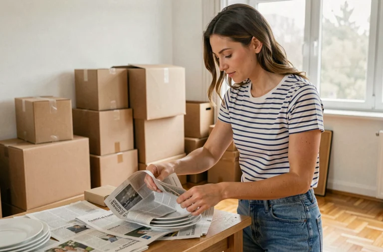 Femme organisant ses affaires dans des cartons lors d'un déménagement serein et bien planifié