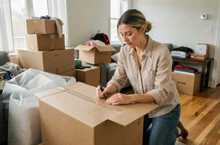 Femme qui étiquette des cartons de déménagement dans un appartement en cours de préparation