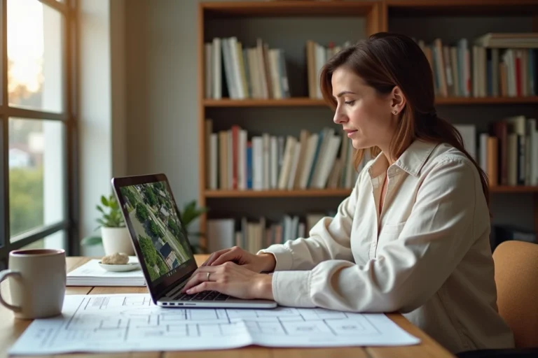 Femme utilisant Google Maps sur un ordinateur portable pour analyser l'ensoleillement d'une maison depuis un bureau à domicile