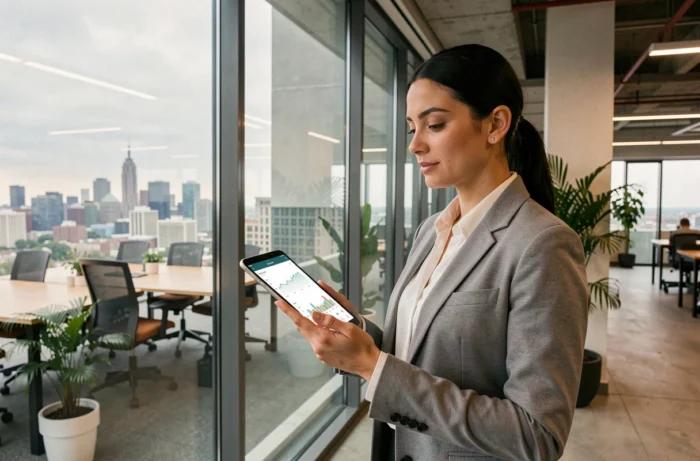 Jeune femme consultant une application de portefeuille boursier sur tablette dans un espace de coworking moderne