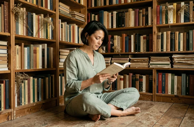 Femme lisant un recueil de poésie contemporaine dans une bibliothèque personnelle aux étagères remplies de livres