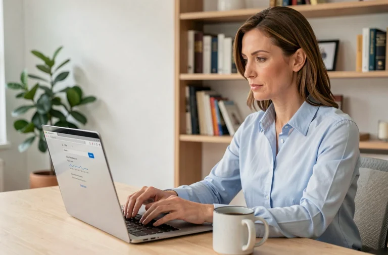Femme professionnelle accédant à sa messagerie Alice Zimbra webmail sur un ordinateur portable dans un bureau à domicile moderne