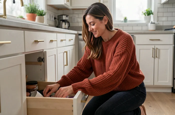Femme organisant un tiroir de cuisine avec des séparateurs dans une cuisine moderne et lumineuse
