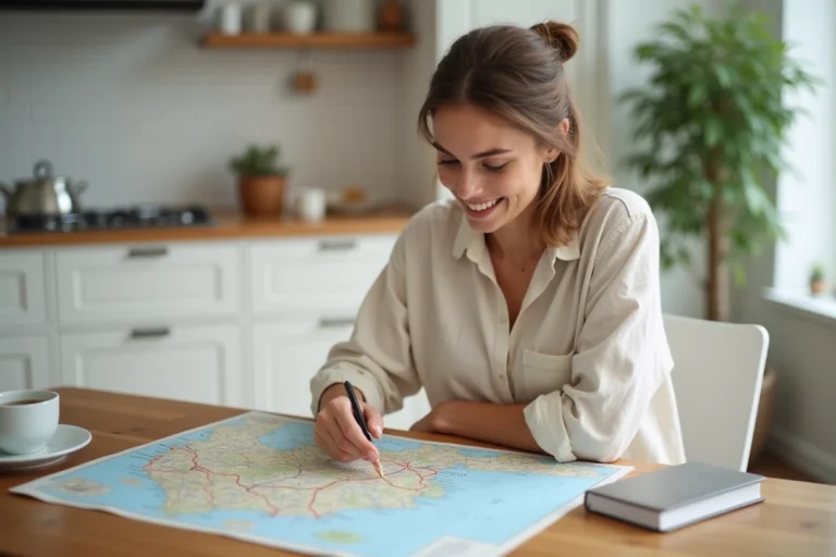 Femme planifiant son voyage de rêve avec une carte et un carnet sur une table en bois dans un intérieur cosy