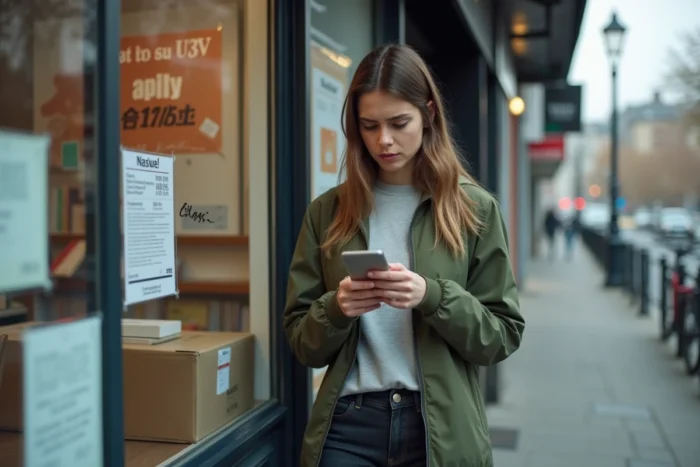Femme frustrée devant un point relais Vinted inaccessible consultant son téléphone avec une étiquette colis à la main
