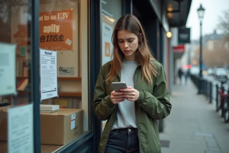 Femme frustrée devant un point relais Vinted inaccessible consultant son téléphone avec une étiquette colis à la main
