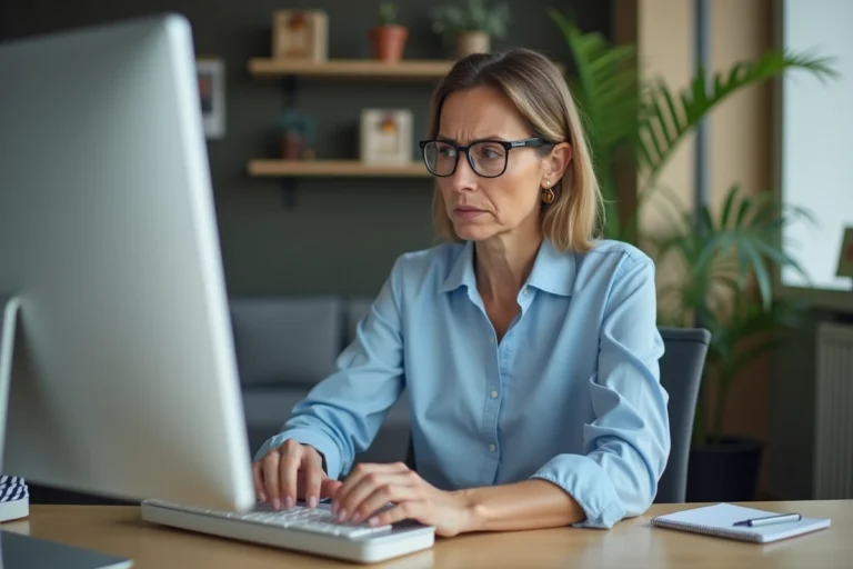 Femme concentrée résolvant un problème de webmail sur un ordinateur de bureau dans un bureau à domicile moderne