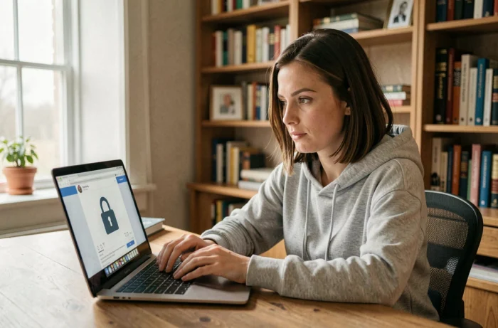 Femme regardant un profil Facebook bloqué sur son ordinateur portable à la maison