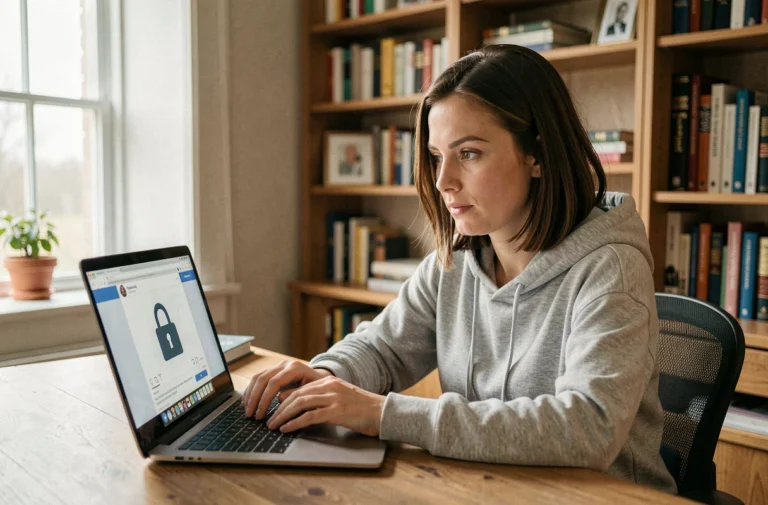 Femme regardant un profil Facebook bloqué sur son ordinateur portable à la maison
