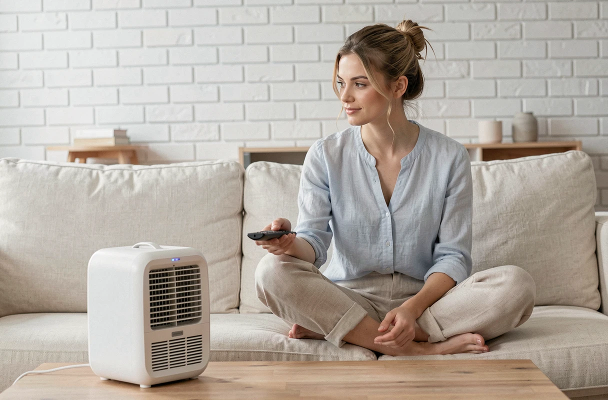 Femme utilisant un rafraîchisseur d'air portable Klarstein Maxfresh dans son salon en été