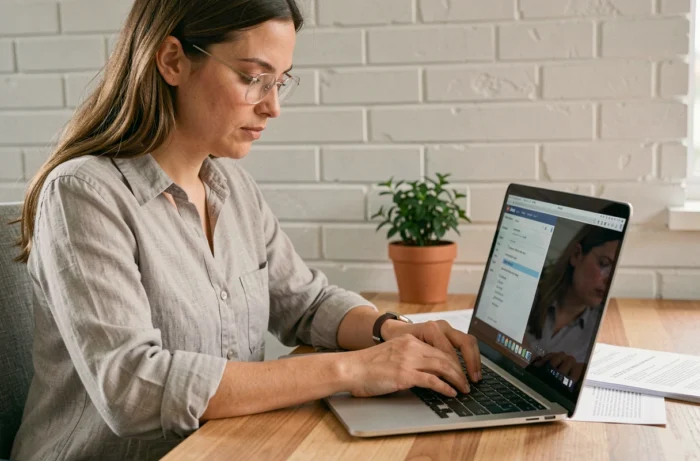 Femme utilisant un ordinateur portable pour remplir un formulaire PDF en ligne dans un bureau à domicile moderne