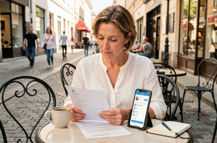 Femme consultant une liste de ressources web lors d'une pause café en terrasse urbaine avec smartphone et notebook