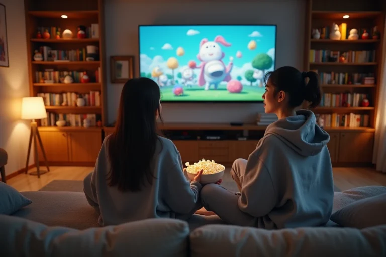 Jeune femme regardant des séries animées en streaming sur son canapé avec du popcorn et un grand écran plat