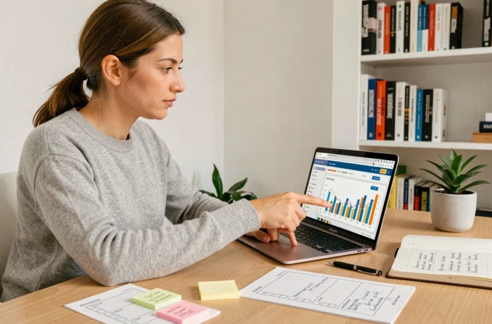 Femme travaillant sur une stratégie web avec un tableau de bord analytique sur un ordinateur portable dans un bureau moderne et organisé