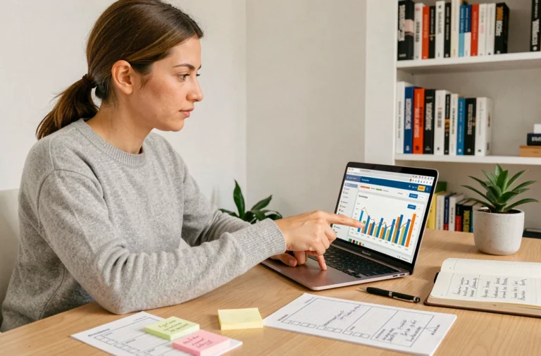 Femme travaillant sur une stratégie web avec un tableau de bord analytique sur un ordinateur portable dans un bureau moderne et organisé