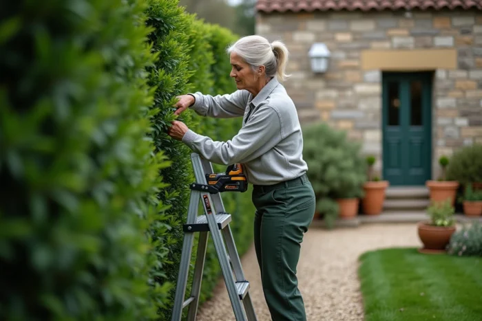 Femme sur un escabeau taillant une haute haie de laurier avec un taille-haie sans fil dans un jardin provençal