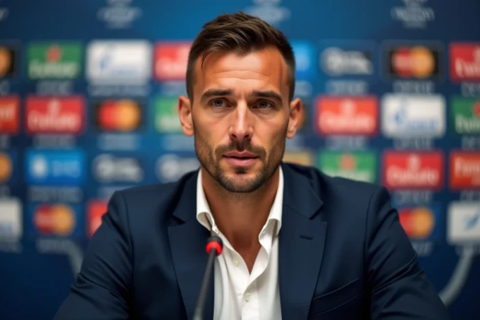 Ancien footballeur belge en conférence de presse avec un blazer bleu marine, ambiance journalistique sportive