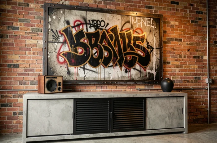 Fresque street art encadrée dans un cadre industriel en acier au-dessus d'un buffet en béton avec portes métalliques noires
