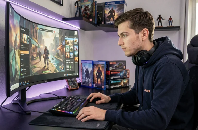 Jeune gamer belge concentré devant son setup gaming avec moniteur ultrawide, clavier mécanique et jeux vidéo sur étagère