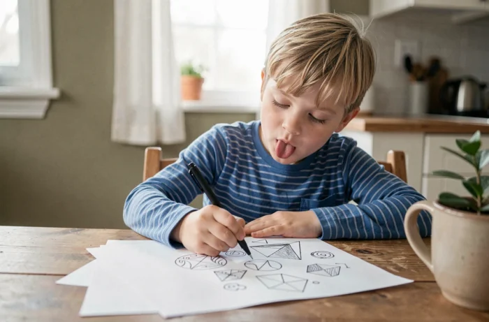 Garçon blond appliqué en train de dessiner des formes créatives au stylo sur du papier blanc, assis à une table de cuisine en bois