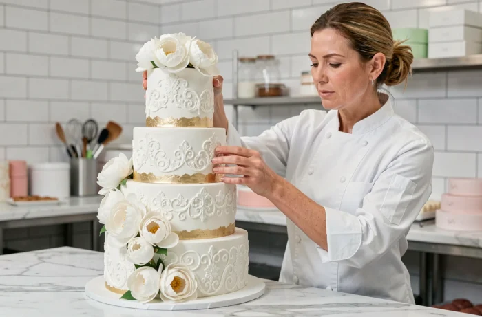 Cheffe pâtissière finalisant un gâteau de mariage à cinq étages élégamment décoré