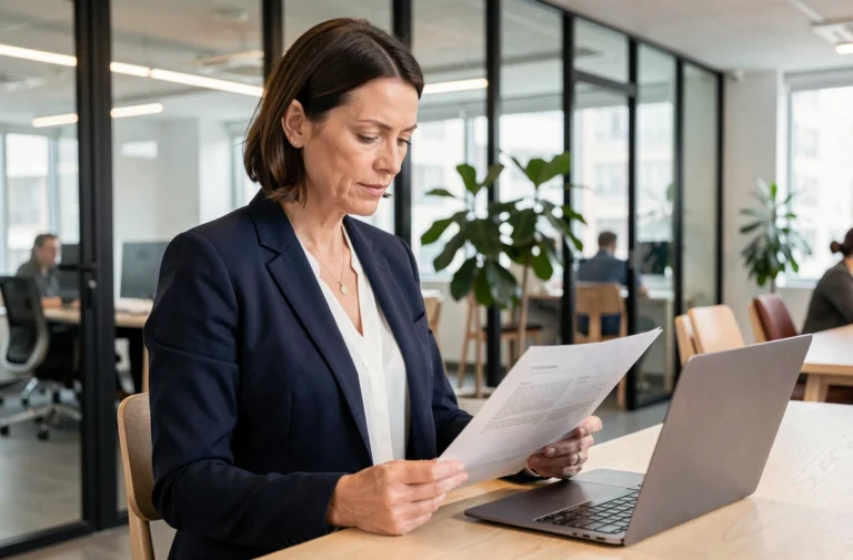 Responsable RH externalisée analysant des documents de gestion des ressources humaines dans un bureau moderne