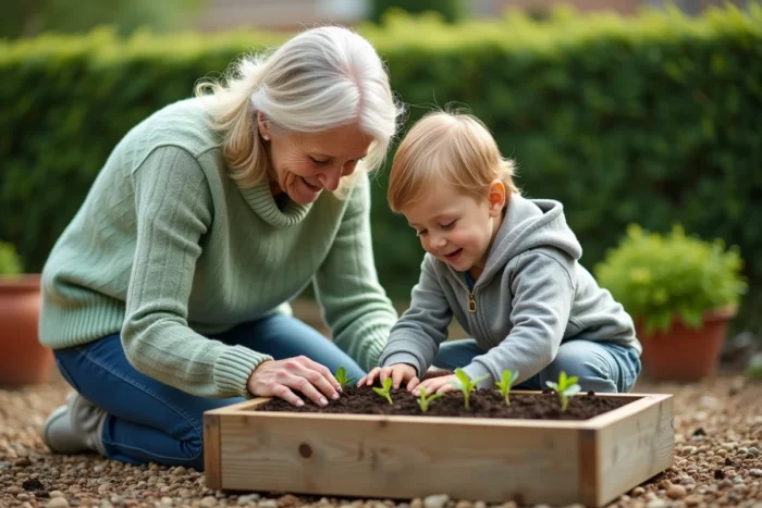 Grand-mère et petit-fils plantant des semis ensemble dans le jardin, une activité manuelle favorisant l'éveil et la curiosité de l'enfant
