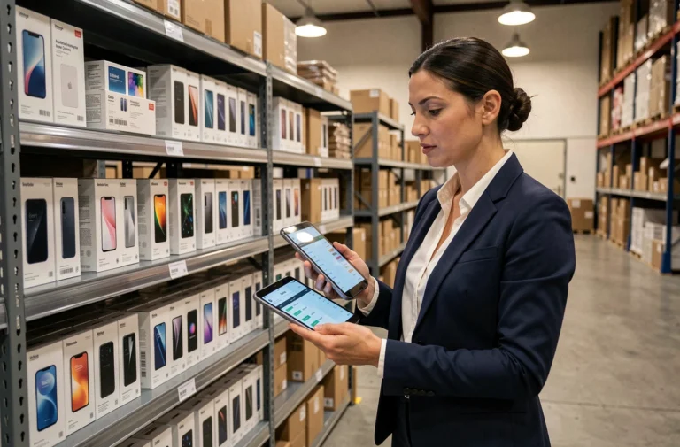 Femme d'affaires examinant des stocks de smartphones dans un entrepôt de grossiste mobile