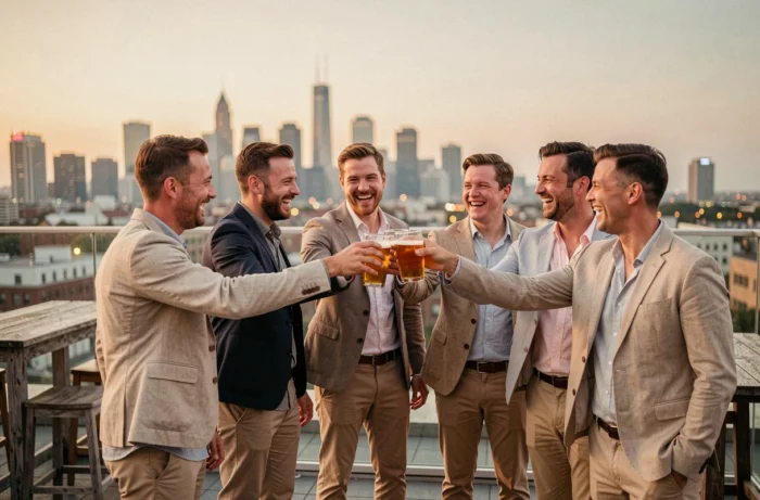 Groupe d'amis portant un toast sur une terrasse de bar en rooftop lors d'un enterrement de vie de garçon