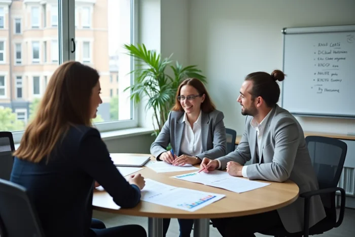 Groupe de professionnels étudiant les niveaux et critères d'évaluation RNCP dans un centre de formation