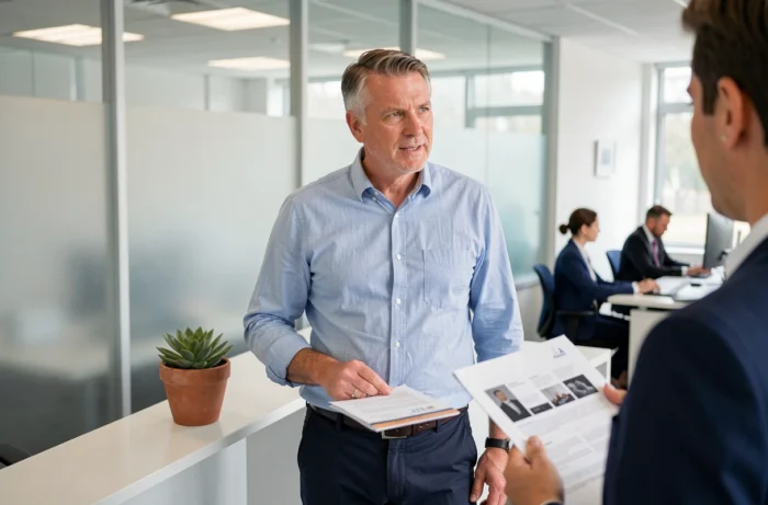 Homme de 60 ans consultant un conseiller en agence pour choisir une complémentaire santé responsable et adaptée