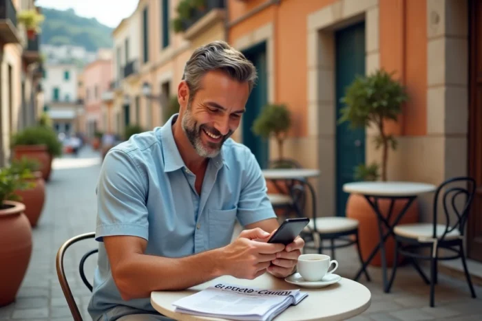 Homme consultant une application de voyage sur son téléphone dans un village côtier méditerranéen ensoleillé