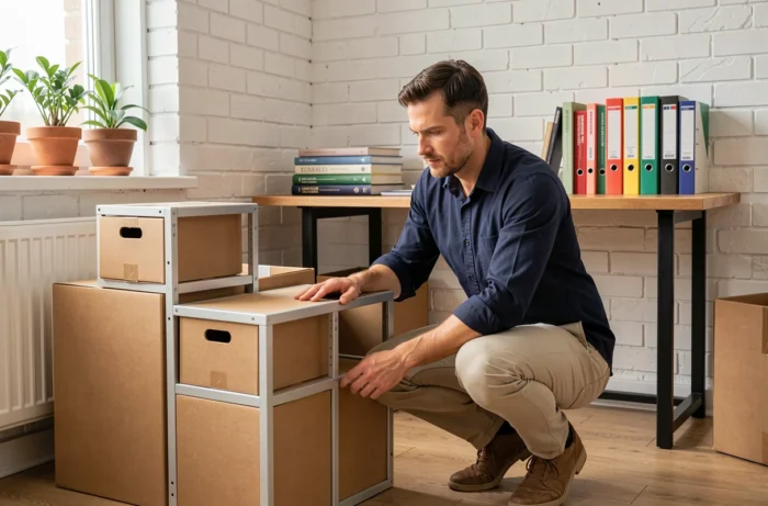 Homme assemblant des meubles de rangement modulaires dans un bureau à domicile bien organisé
