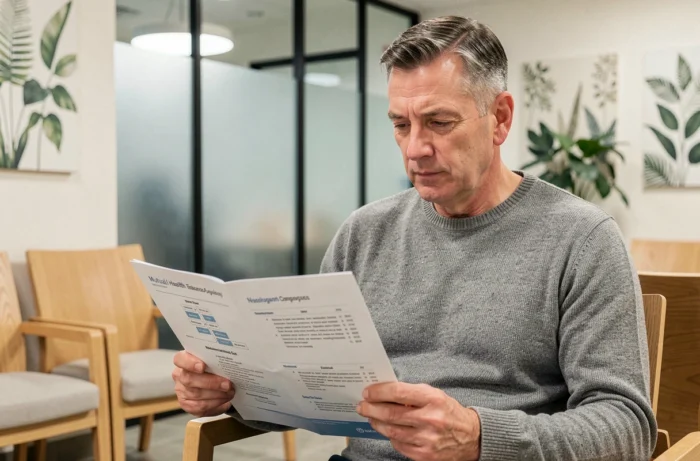 Homme lisant un guide de navigation de mutuelle santé dans une agence d'assurance moderne