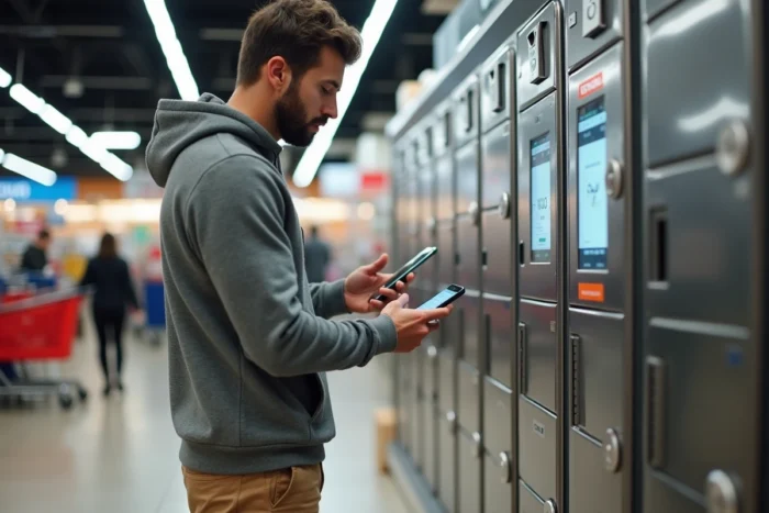 Homme utilisant une consigne automatique de colis comme alternative à un point relais Vinted saturé dans un supermarché