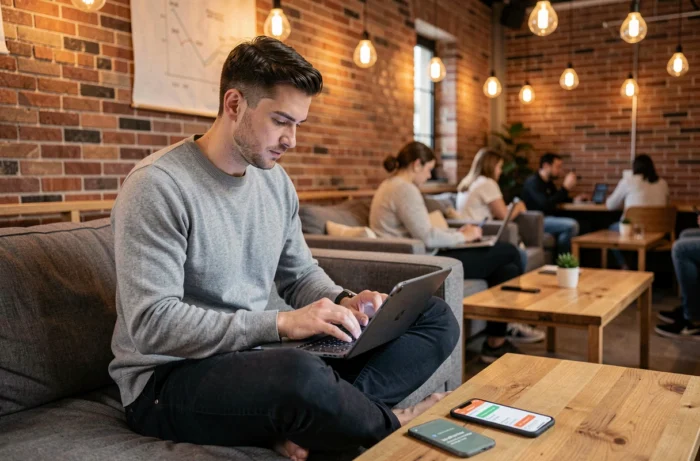 Homme jeune utilisant une tablette et un smartphone dans un espace de coworking moderne pour gérer ses tâches numériques