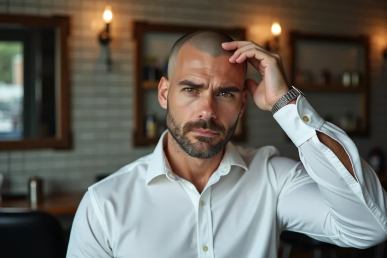 Homme aux cheveux rasés dans un salon de coiffure urbain, touchant son crâne rasé avec assurance