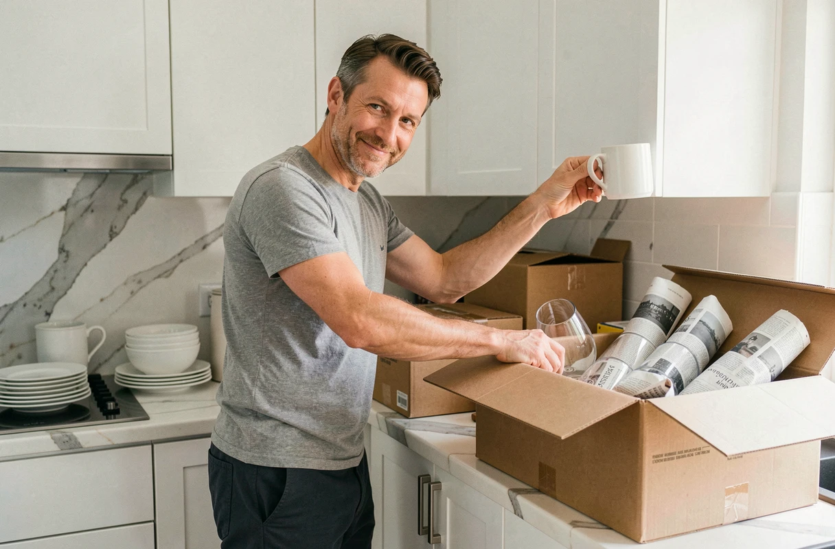 Homme qui déballe la cuisine lors de son installation dans un nouvel appartement