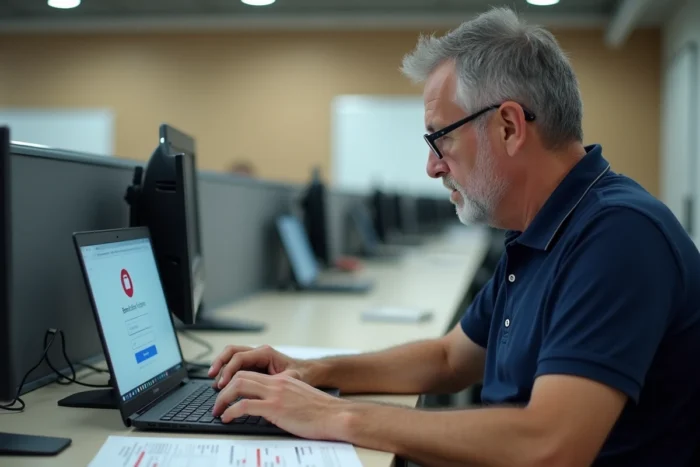 Homme consultant un guide de dépannage pour résoudre un problème de connexion à un webmail dans un bureau professionnel