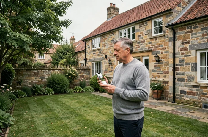 Homme évaluant une maison en pierre avec une application immobilière sur smartphone dans un jardin
