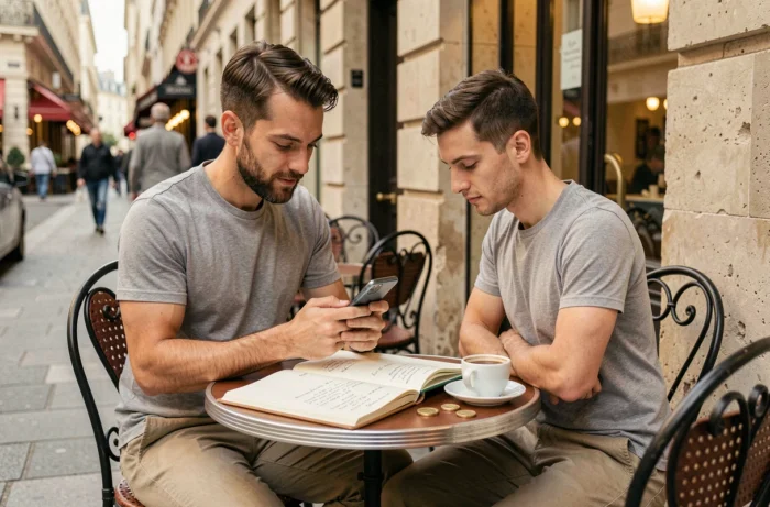 Homme consultant son téléphone et ses notes de travail freelance à la terrasse d'un café parisien avec des pièces en euros sur la table