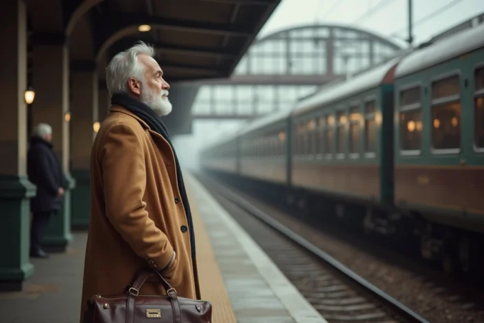 Homme aux cheveux gris en manteau camel sur un quai de gare européenne, ambiance voyage et nostalgie