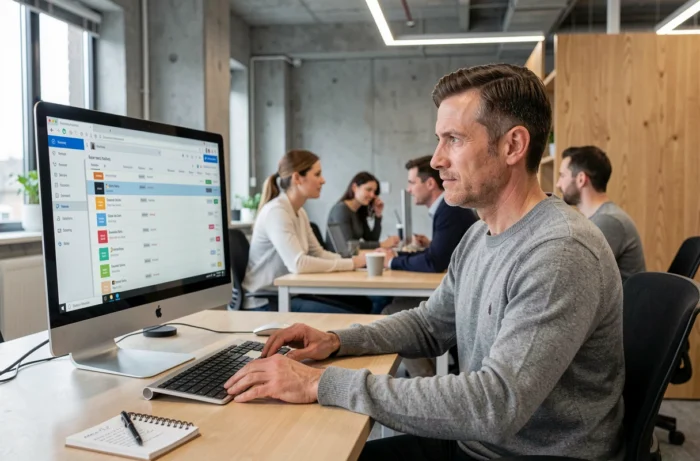 Homme gérant ses emails sur la messagerie Alice Zimbra dans un open space professionnel avec grand écran de bureau
