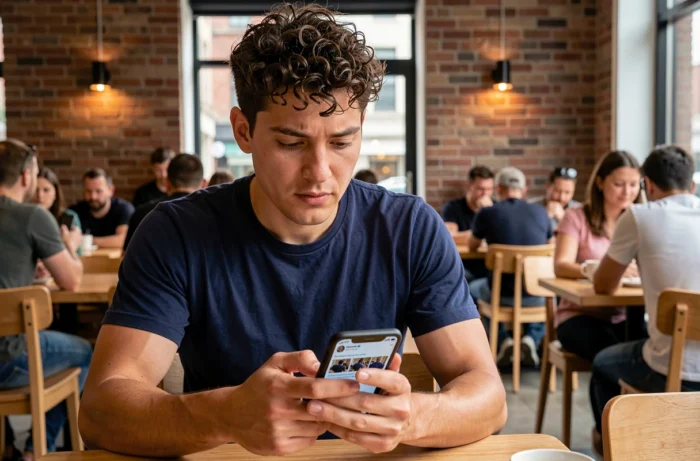 Homme consultant un profil Facebook bloqué sur smartphone dans un café