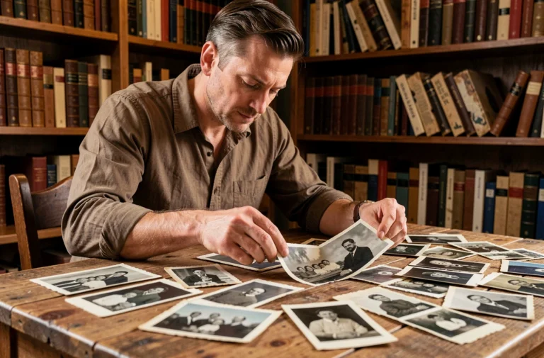Homme consultant d'anciennes photographies de famille sur une table en bois, explorant ses origines et son histoire familiale