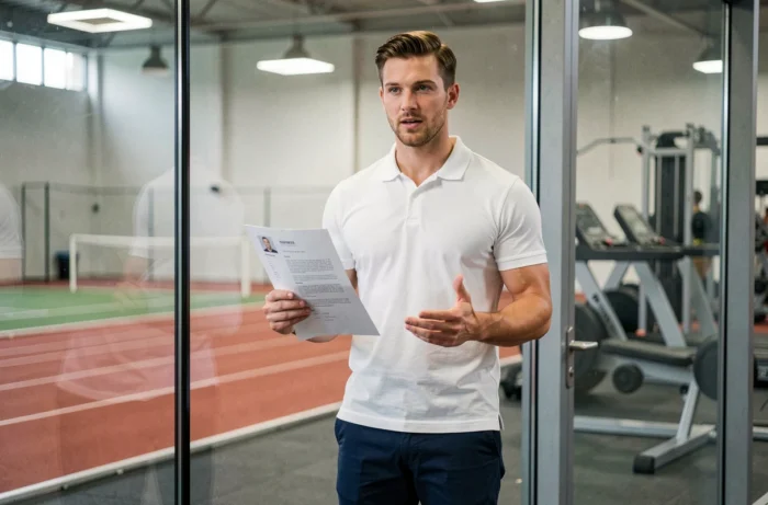 Homme sportif présentant son CV devant une installation sportive moderne lors d'un entretien professionnel