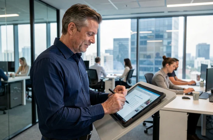 Homme professionnel utilisant une tablette avec stylet pour compléter un document PDF dans un bureau en open space